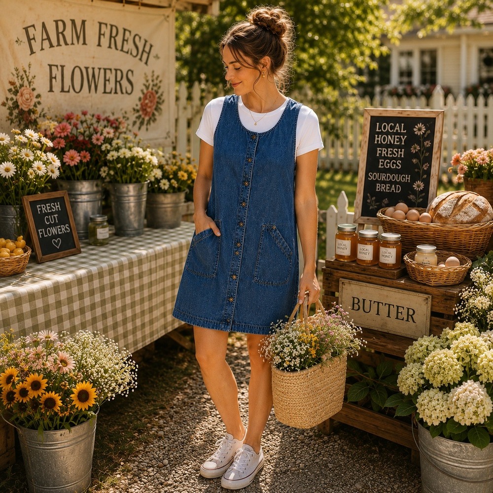 Vintage 90s Womens Denim Jumper Dress 8P Blue Button Front Overall Cottagecore